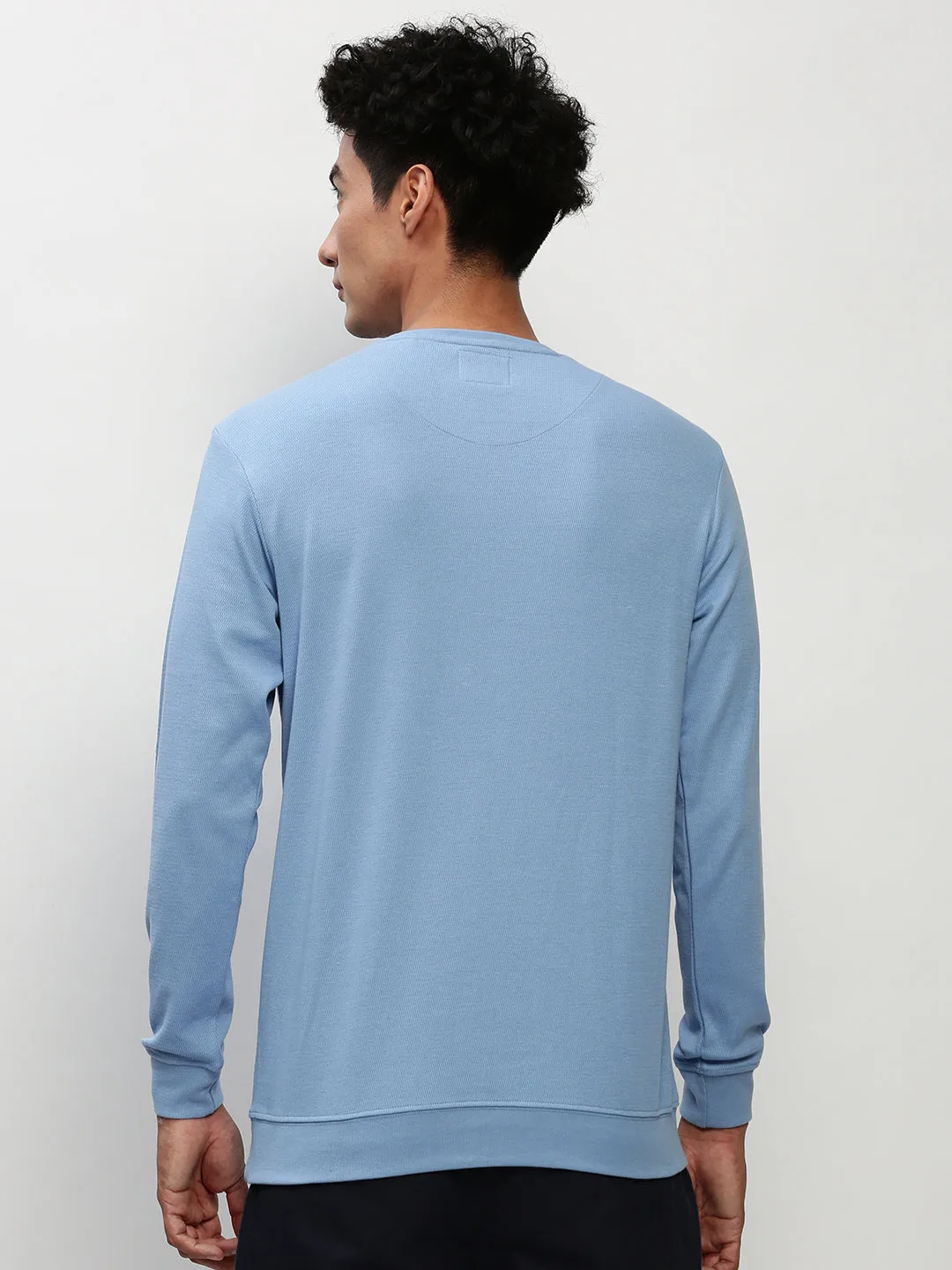 Men Blue Long Sleeves Cotton Pullover