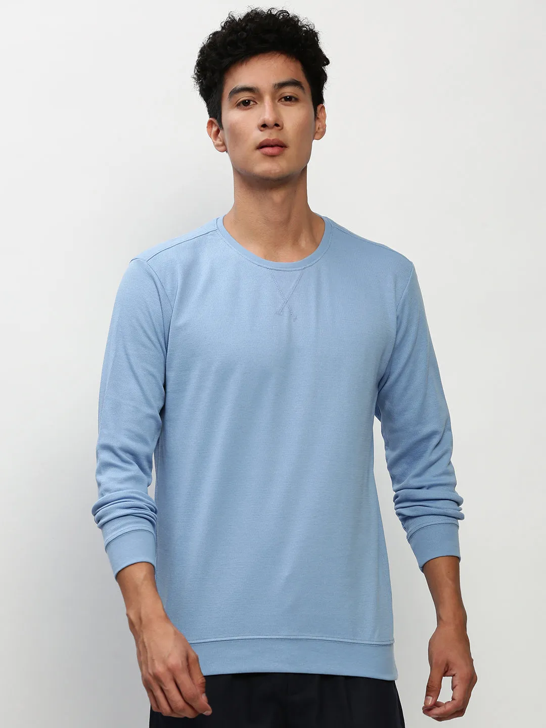 Men Blue Long Sleeves Cotton Pullover