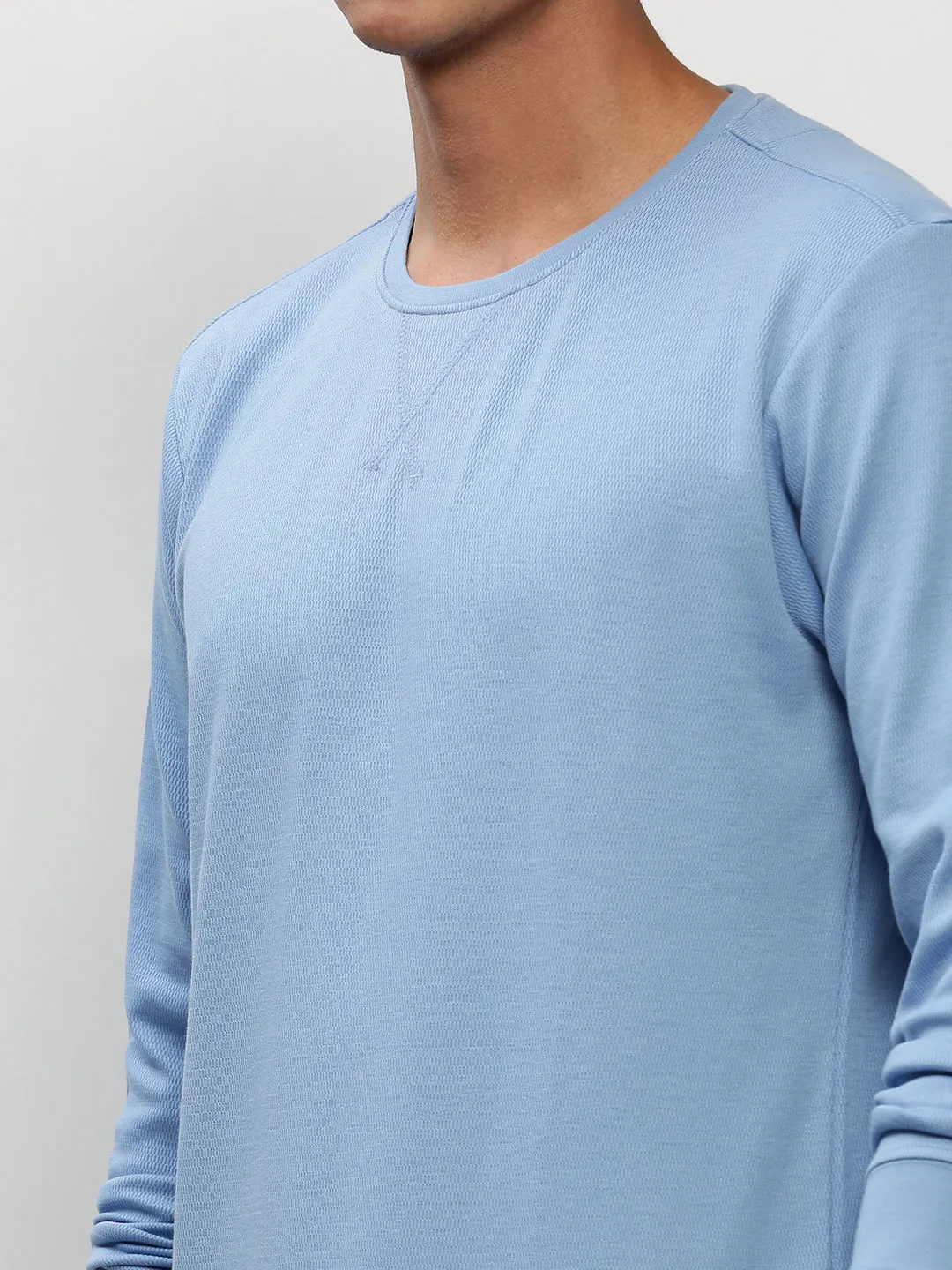 Men Blue Long Sleeves Cotton Pullover
