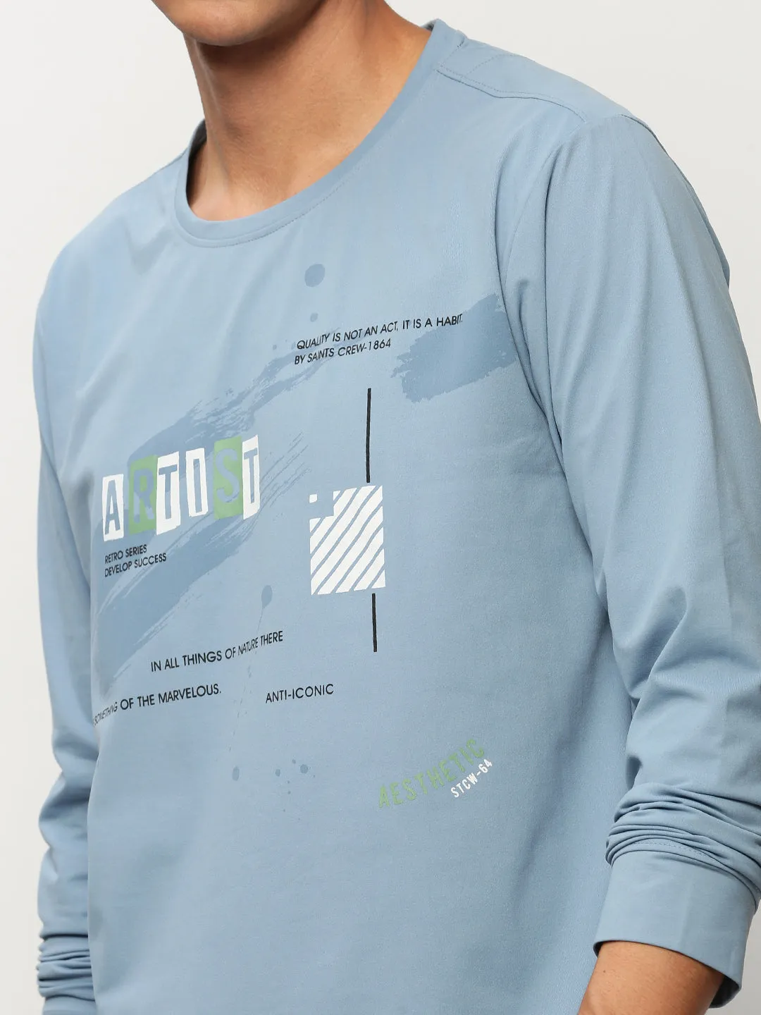 Men Blue Typography Printed Cotton Pullover