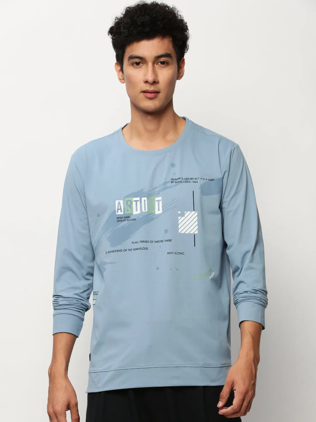 Men Blue Typography Printed Cotton Pullover