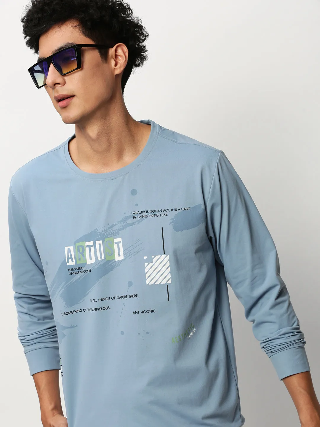 Men Blue Typography Printed Cotton Pullover