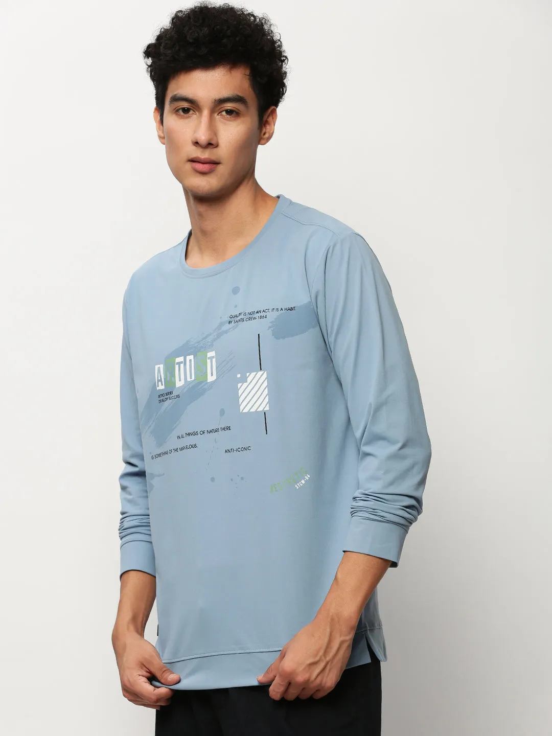 Men Blue Typography Printed Cotton Pullover