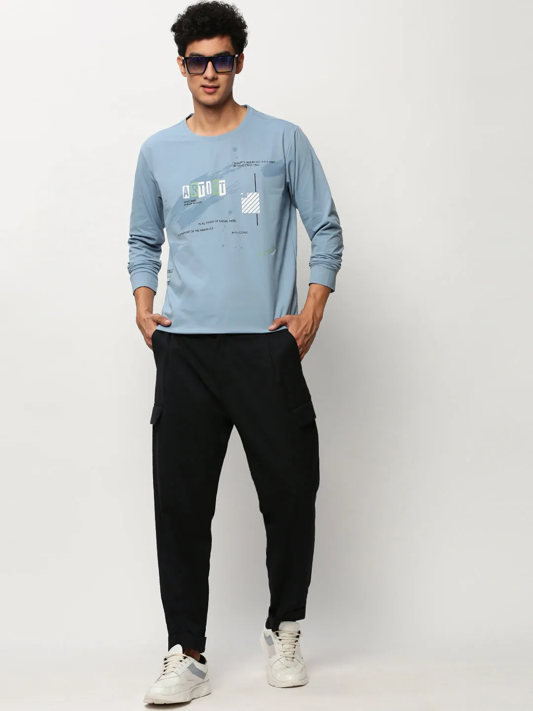 Men Blue Typography Printed Cotton Pullover