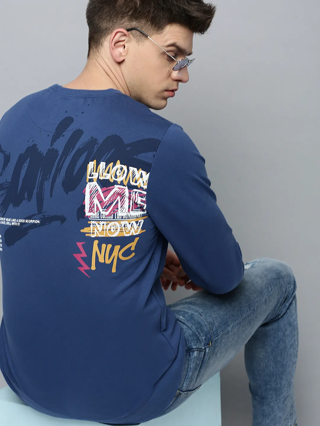Men Blue Typography Printed Sweatshirt