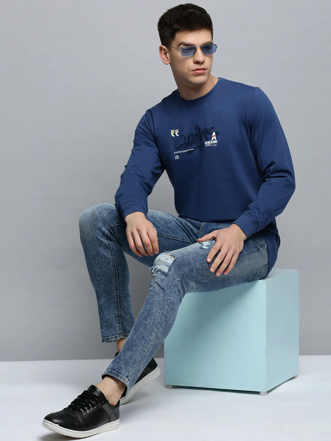 Men Blue Typography Printed Sweatshirt