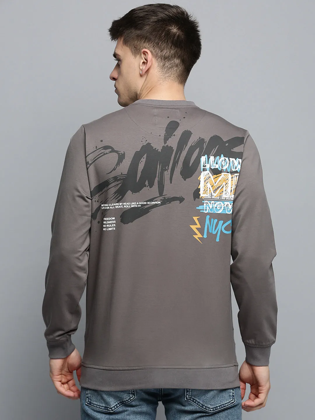 Men Grey Typography Printed Pullover Cotton Sweatshirt
