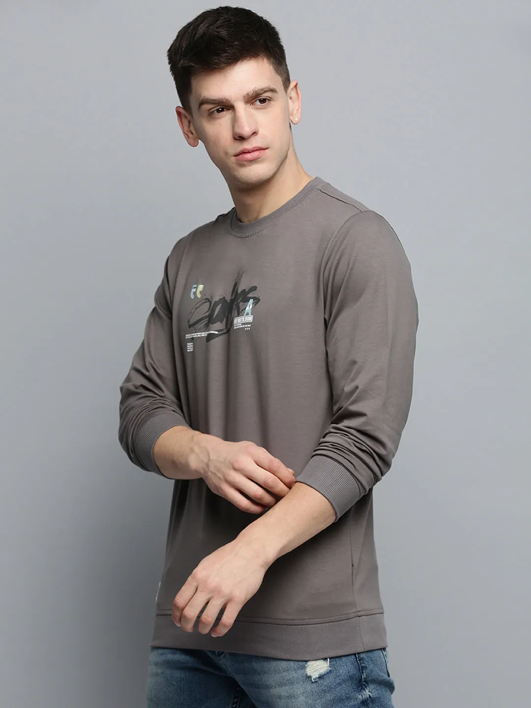 Men Grey Typography Printed Pullover Cotton Sweatshirt