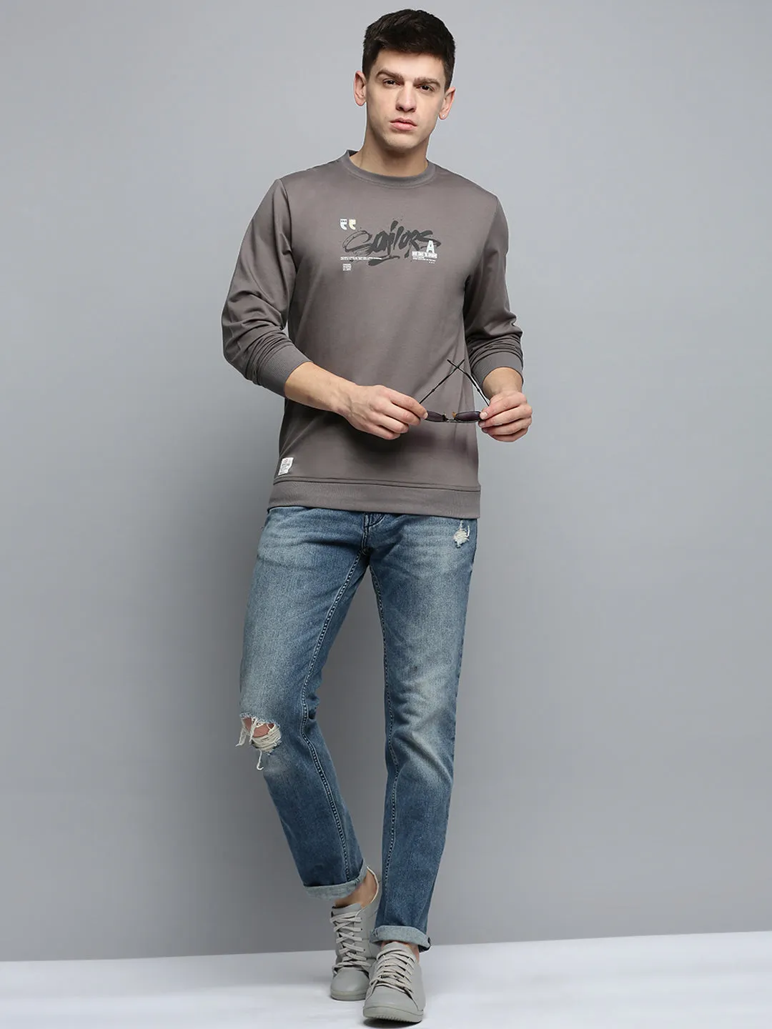 Men Grey Typography Printed Pullover Cotton Sweatshirt