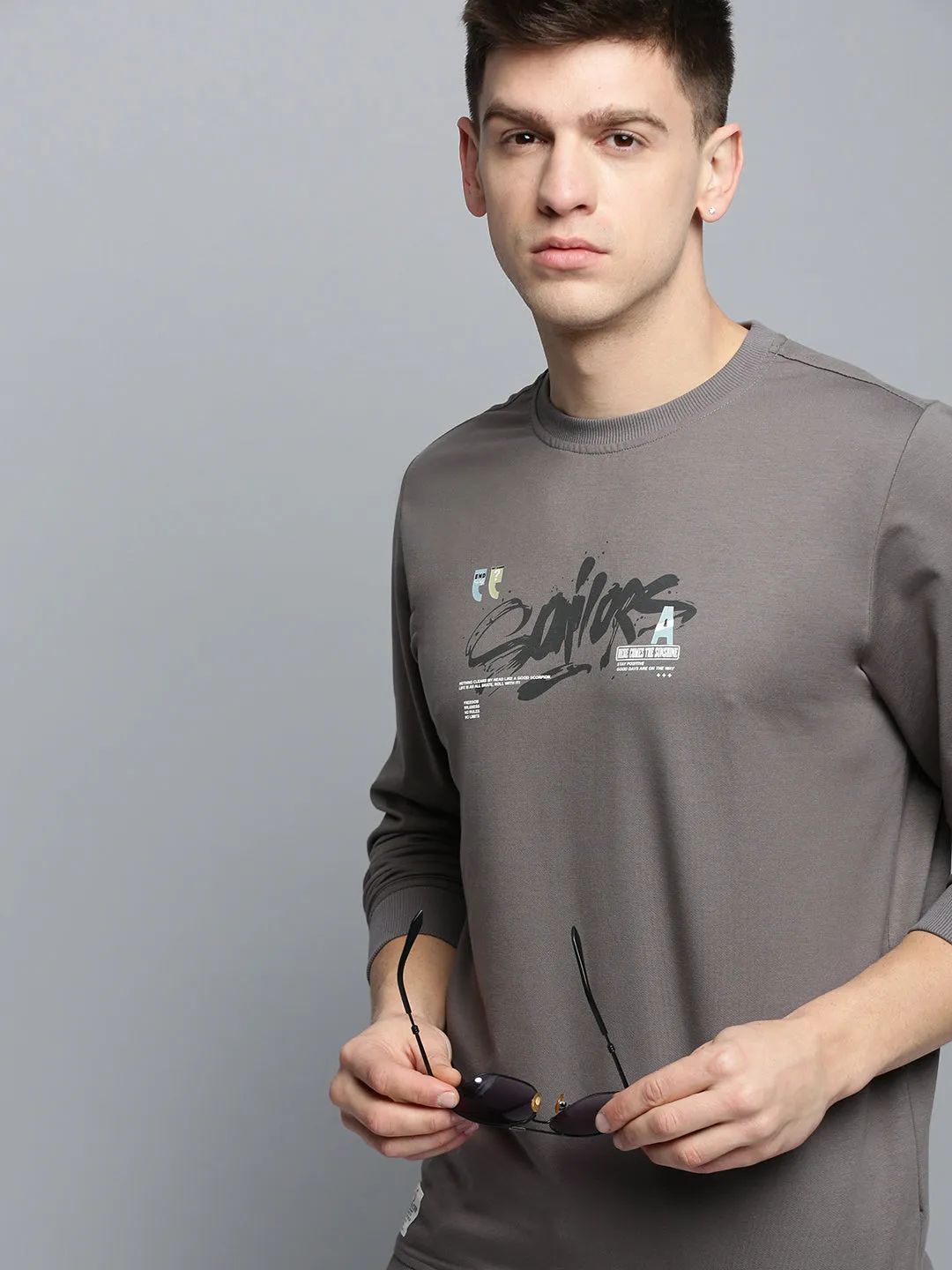 Men Grey Typography Printed Pullover Cotton Sweatshirt