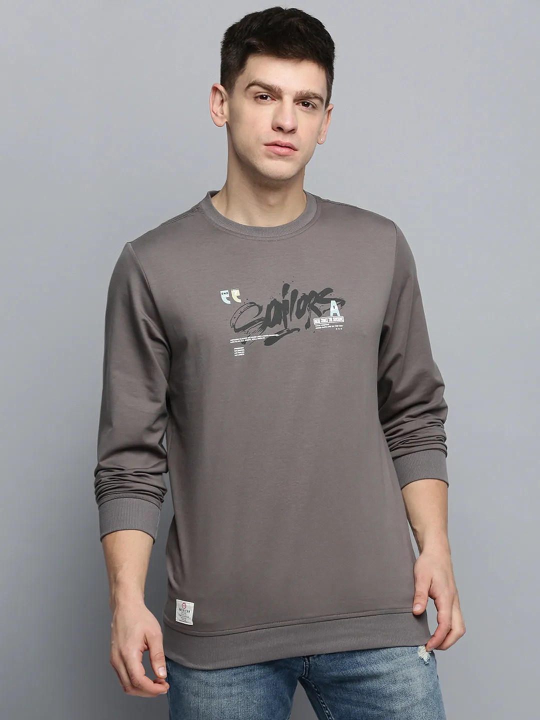 Men Grey Typography Printed Pullover Cotton Sweatshirt
