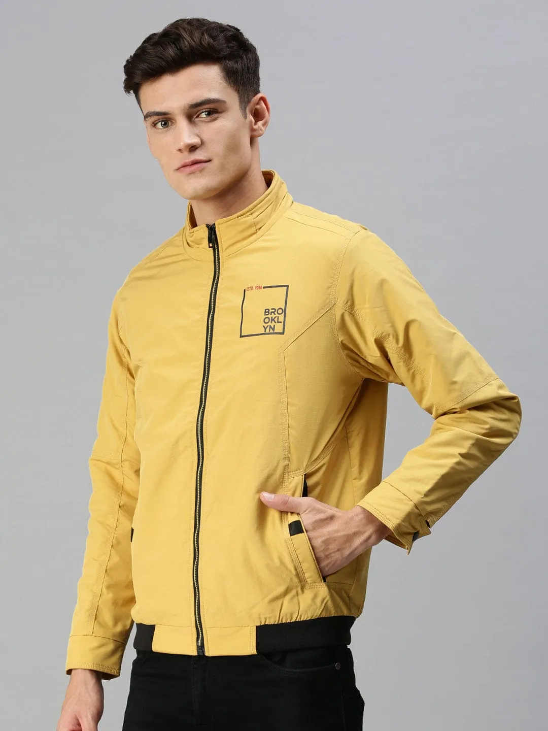 Men Printed Yellow Sporty Jacket
