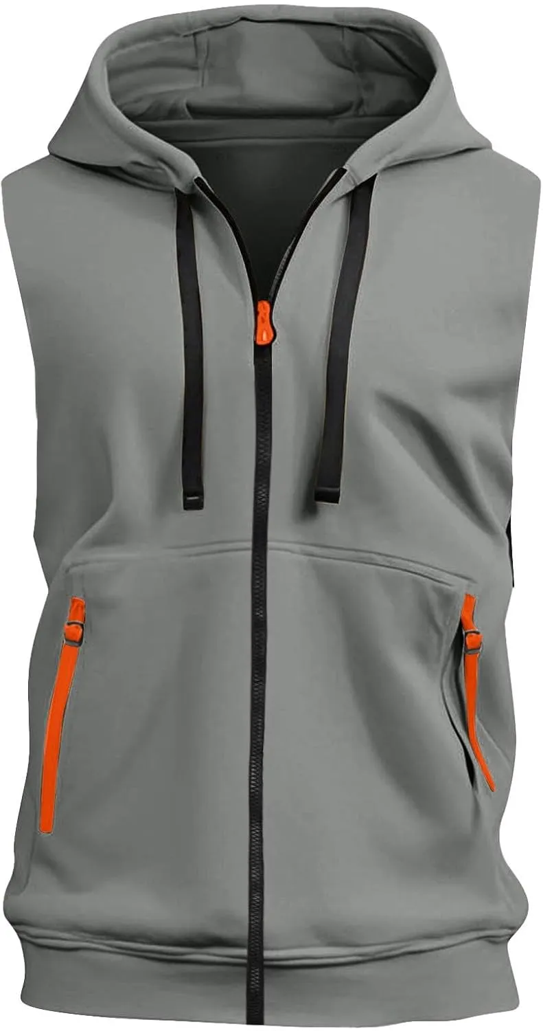 Men Sleeveless Hoodie Zip Up Drawstring Hooded Tank Top Solid Workout Bodybuilding Muscle Vests with Pockets