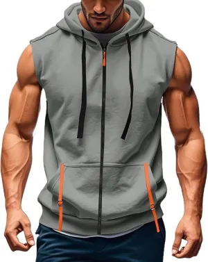 Men Sleeveless Hoodie Zip Up Drawstring Hooded Tank Top Solid Workout Bodybuilding Muscle Vests with Pockets
