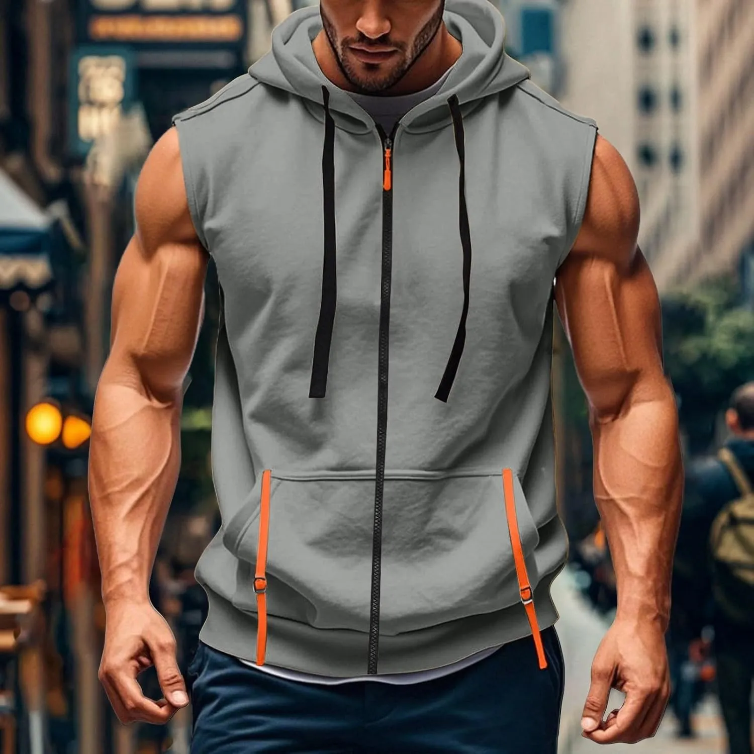 Men Sleeveless Hoodie Zip Up Drawstring Hooded Tank Top Solid Workout Bodybuilding Muscle Vests with Pockets