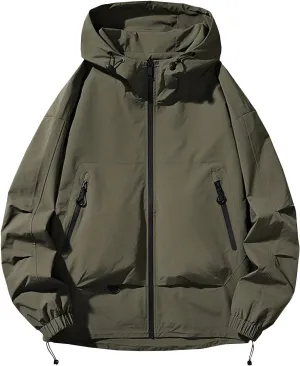 Men Softshell Jacket with Hood Waterproof Windbreaker Lightweight Rain Jacket Outdoor Hiking Travel Hoodies Outerwear