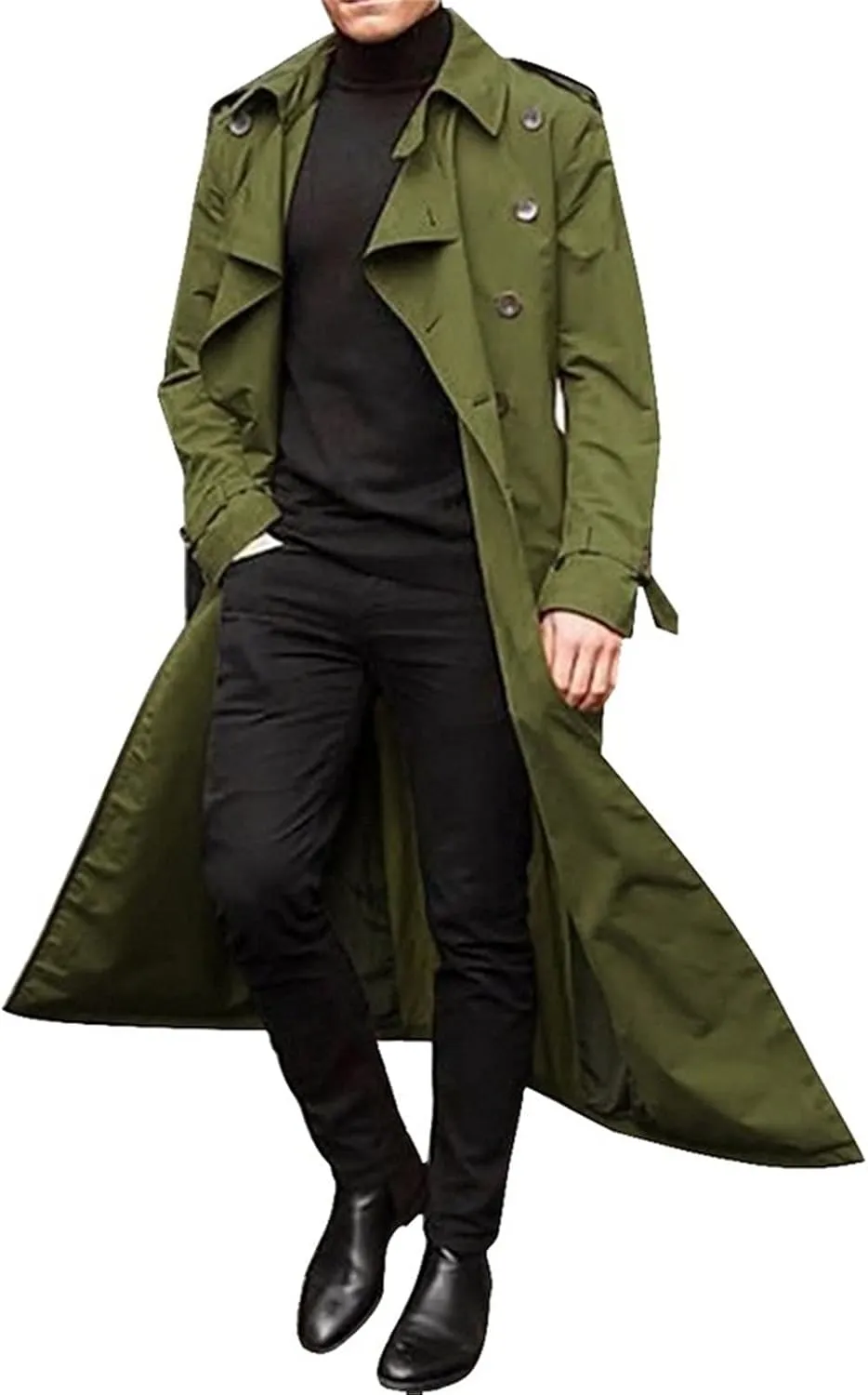 Men's Fall Trench Coat Fashion Easy Notch Lapel Business Casual Jacket Solid Color Long Pea Coat Windbreaker Overcoat