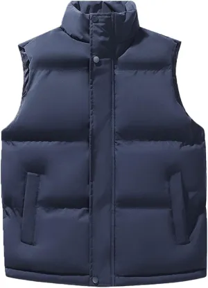 Mens Thicken Puffer Vest Coats Button Full Zip Stand Collar Solid Gilet Jacket Outdoor Mountain Warm Vests Outwear