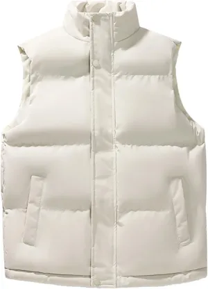 Mens Thicken Puffer Vest Coats Button Full Zip Stand Collar Solid Gilet Jacket Outdoor Mountain Warm Vests Outwear