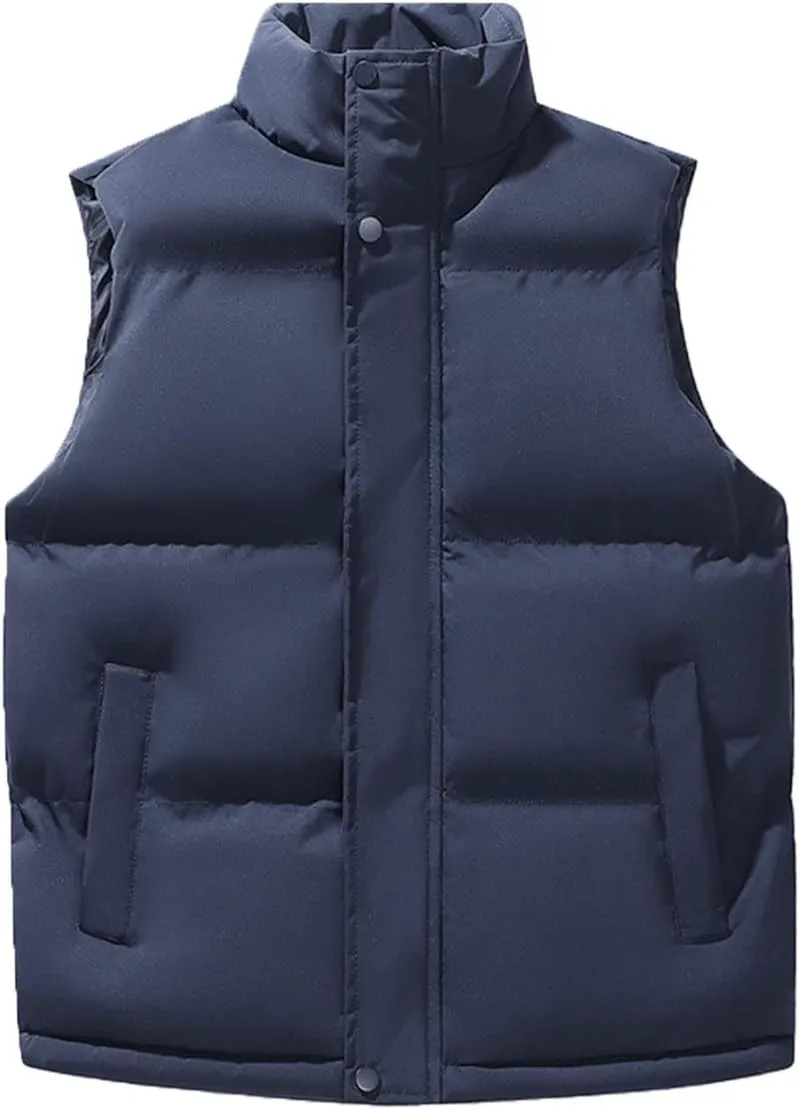 Mens Thicken Puffer Vest Coats Button Full Zip Stand Collar Solid Gilet Jacket Outdoor Mountain Warm Vests Outwear