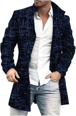 Mens Trench Coat Classic Printed Pea Coat Winter Long Single Breasted Classic Stylish Business Cardigan Overcoat