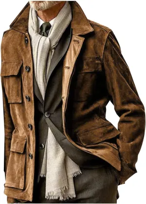 Mens Trucker Suede Leather Jacket Vintage Western Cowboy Coat Casual Button Down Utility Uniform Work Shirt Shackets