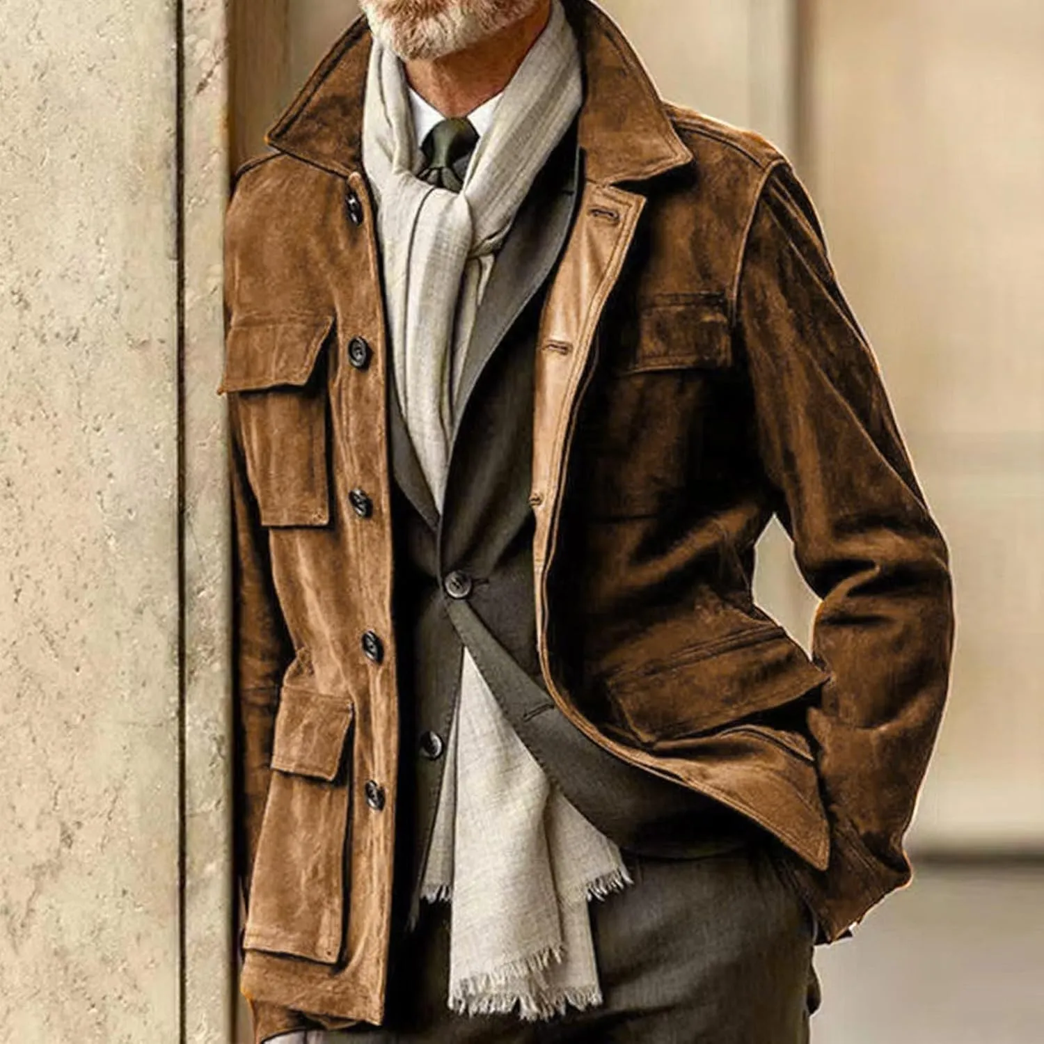 Mens Trucker Suede Leather Jacket Vintage Western Cowboy Coat Casual Button Down Utility Uniform Work Shirt Shackets