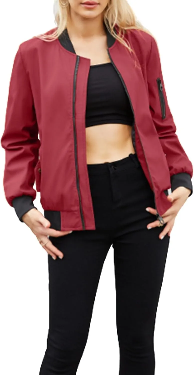 Miyaomn Womens Lightweight Bomber Jacket Casual Solid Long Sleeve Fall Coat Outfits Zip Up Outerwear Windbreaker with Pockets