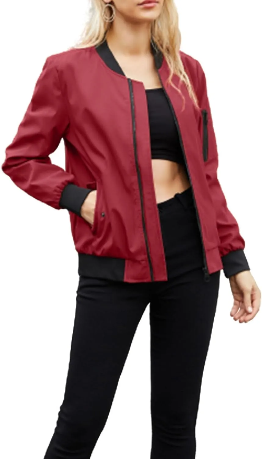 Miyaomn Womens Lightweight Bomber Jacket Casual Solid Long Sleeve Fall Coat Outfits Zip Up Outerwear Windbreaker with Pockets
