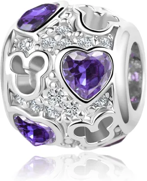 Mouse Love Heart Bead Green Purple Blue Birthstone CZ fits Charms Bracelets for Women Daughter Friends Classmate Family