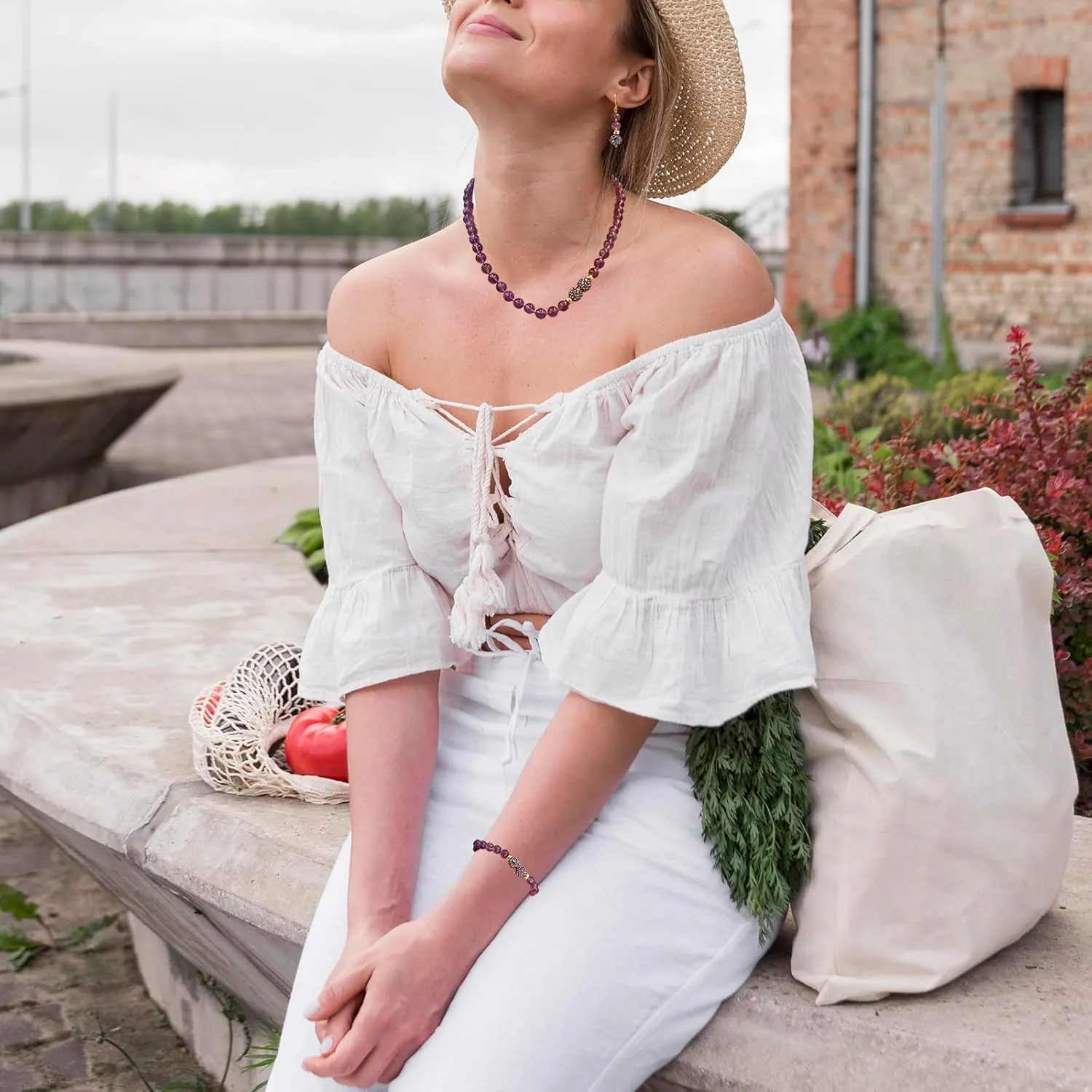 Natural Gemstone Handmade Bead Jewelry Set for Women Necklace Earring and Bracelet Set Boho Collar Jewelry Dangle Earrings Clasp Metal Fashion Jewelry Set