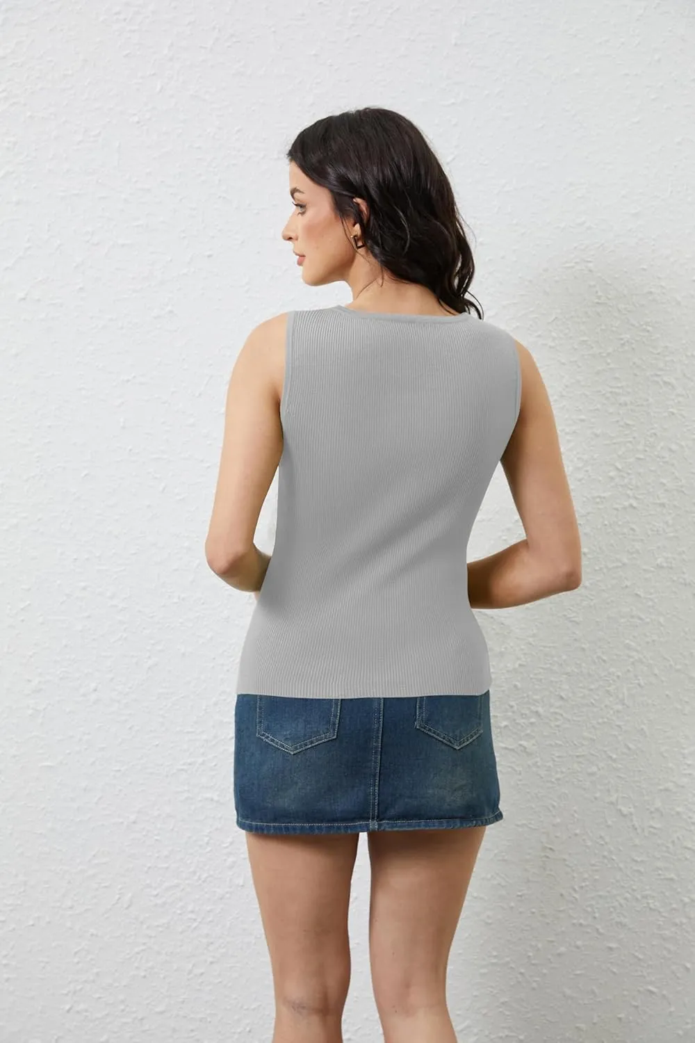 OLAPTA Women Asymmetrical Button Down Side Split Sleeveless Tank Tops Boat Neck Slim Fit Summer Casual Side Button Knit Vest