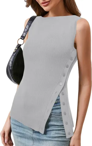 OLAPTA Women Asymmetrical Button Down Side Split Sleeveless Tank Tops Boat Neck Slim Fit Summer Casual Side Button Knit Vest