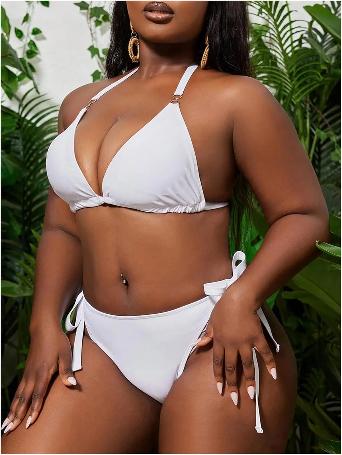 OYOANGLE Women's Bikini Sets Two Piece Bathing Suits Ring Linked Triangle Halter Swimsuit Beachwear