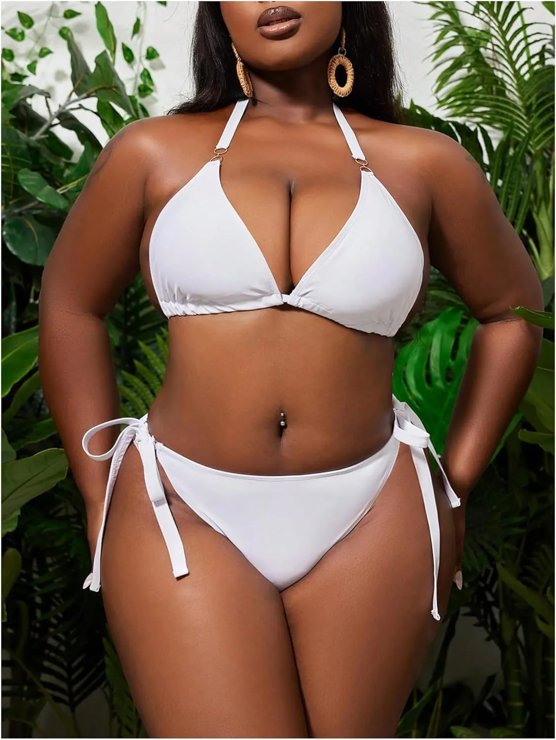 OYOANGLE Women's Bikini Sets Two Piece Bathing Suits Ring Linked Triangle Halter Swimsuit Beachwear