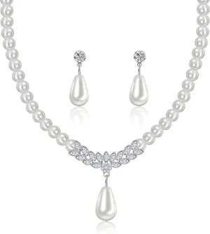 Pearl Necklace and Earrings Set, Bracelets Sets Simulated Pearl Bride Wedding Jewelry Set Accessories Wedding Necklace Jewelry Silver Gold Birthday Jewelry for Women