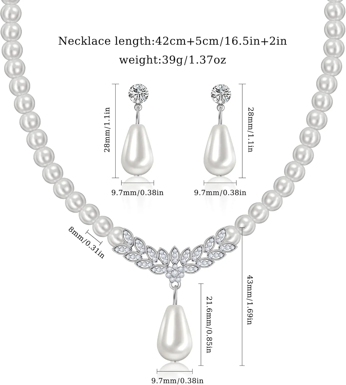 Pearl Necklace and Earrings Set, Bracelets Sets Simulated Pearl Bride Wedding Jewelry Set Accessories Wedding Necklace Jewelry Silver Gold Birthday Jewelry for Women