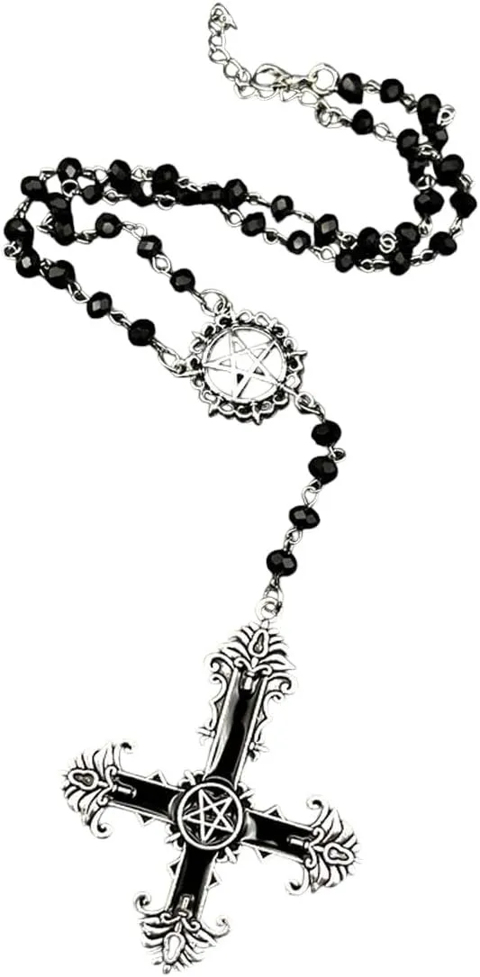 Pentagram Inverted Cross Rosary Baphomet Occult Gothic Sigil of Satanic Jewelry Devil Necklace Trad Goth Jewelry Gift Handmade with for You Black Jewelry