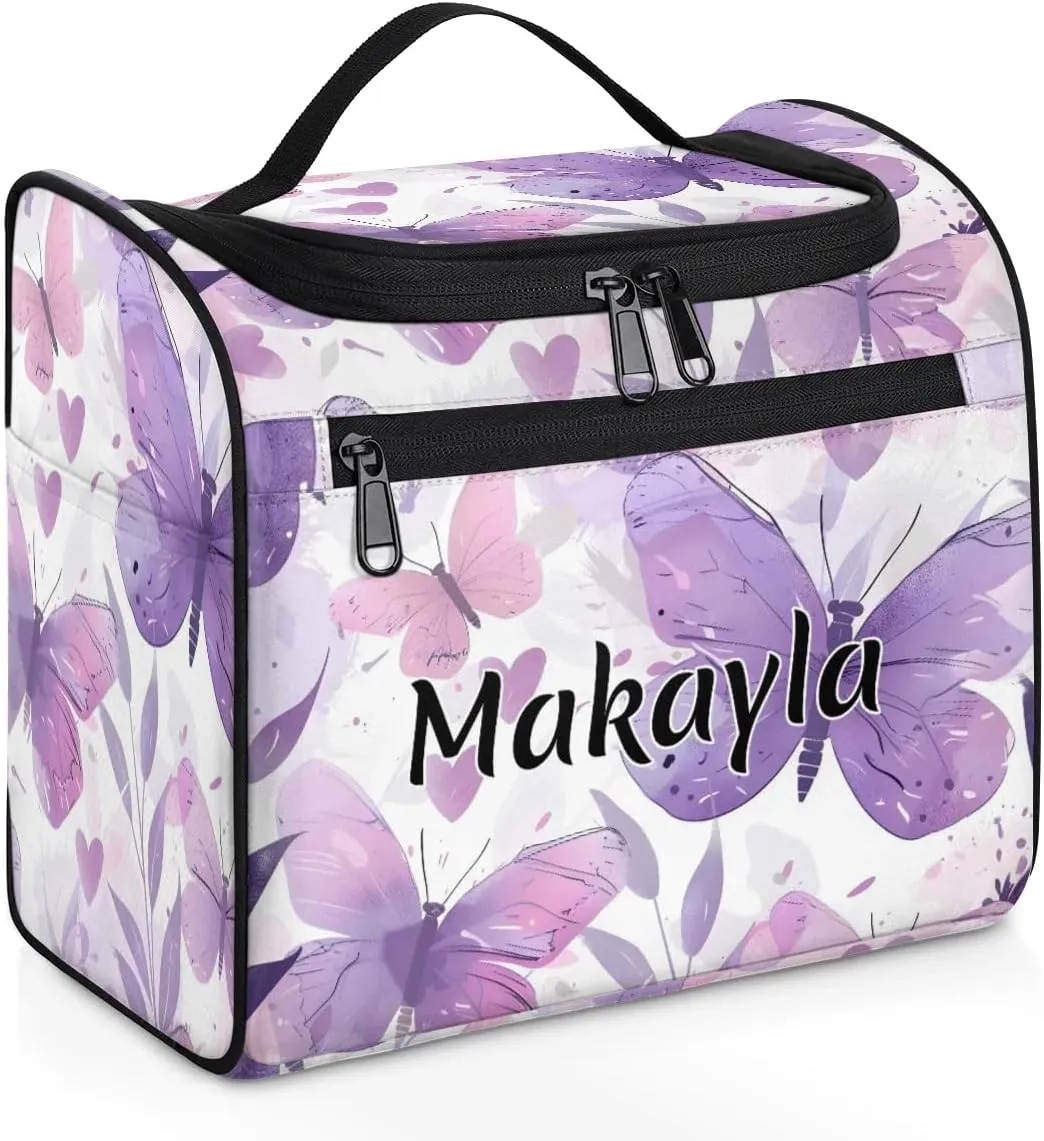 Personalized Hanging Travel Toiletry Bag with Name Portable Hanging Makeup Bag for Girls Women Custom Purple Butterfly Makeup Organizer Case Bag