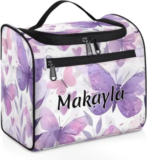 Personalized Hanging Travel Toiletry Bag with Name Portable Hanging Makeup Bag for Girls Women Custom Purple Butterfly Makeup Organizer Case Bag