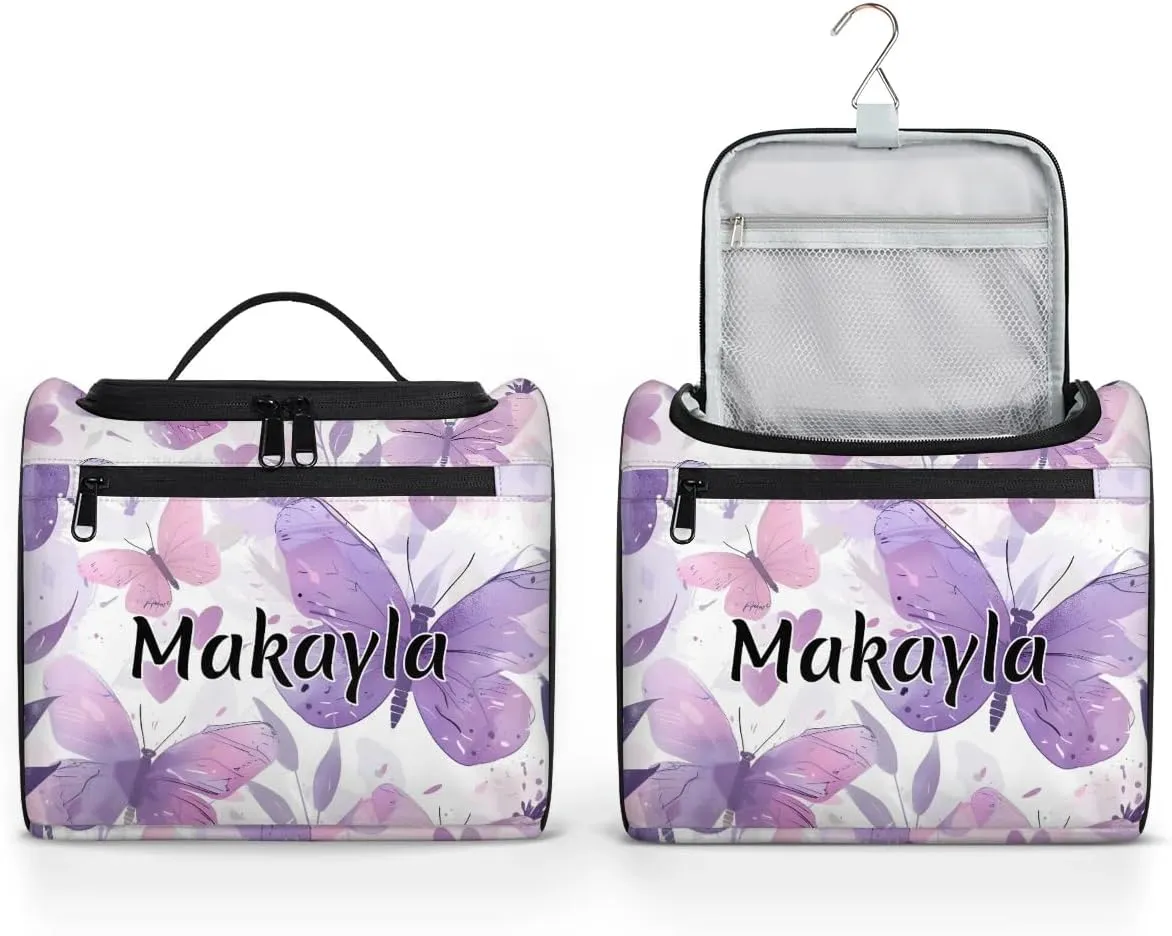 Personalized Hanging Travel Toiletry Bag with Name Portable Hanging Makeup Bag for Girls Women Custom Purple Butterfly Makeup Organizer Case Bag