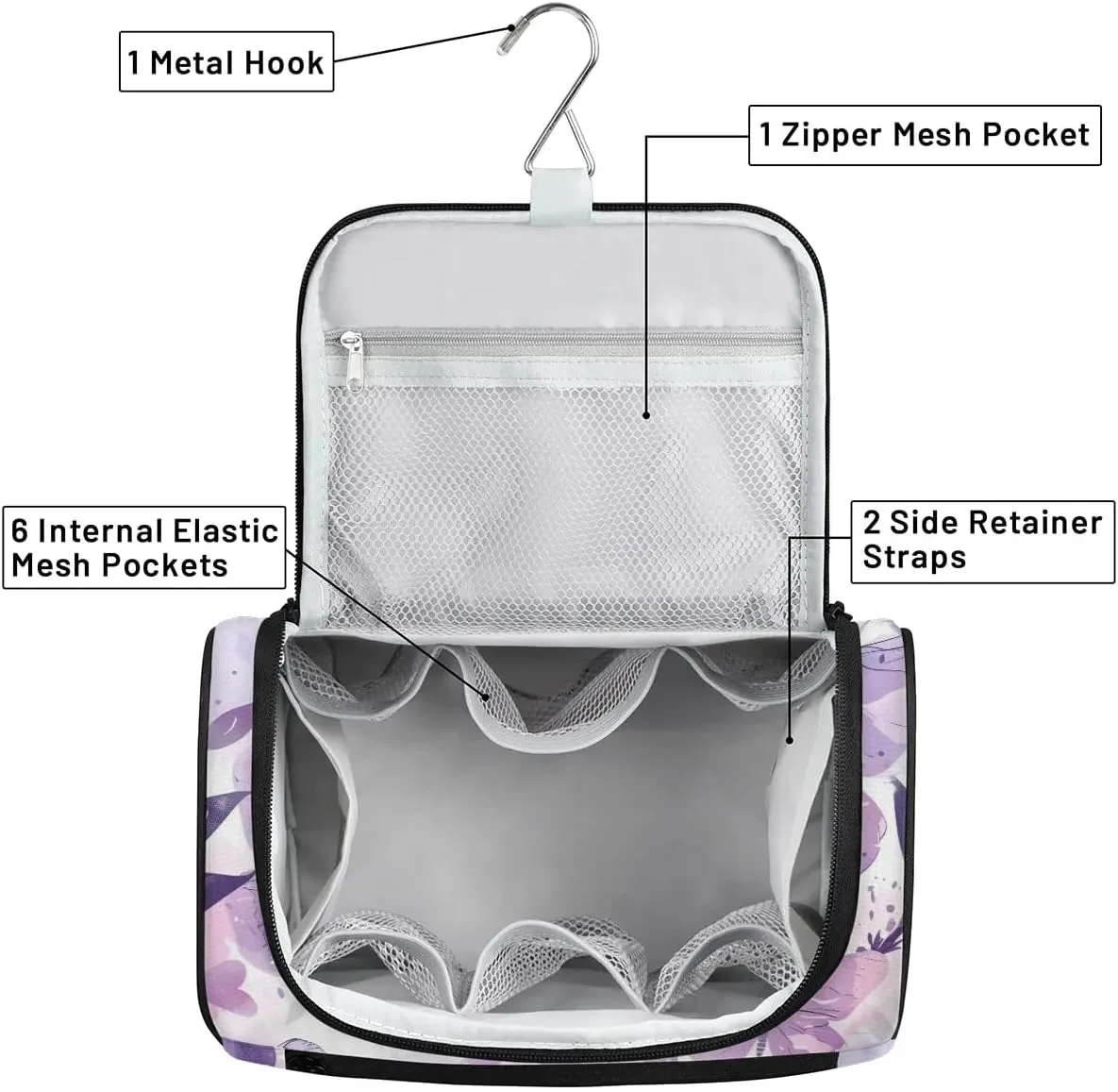 Personalized Hanging Travel Toiletry Bag with Name Portable Hanging Makeup Bag for Girls Women Custom Purple Butterfly Makeup Organizer Case Bag