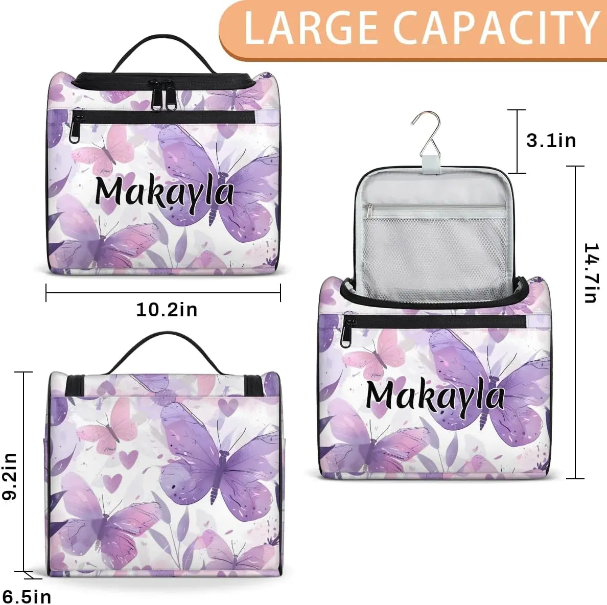 Personalized Hanging Travel Toiletry Bag with Name Portable Hanging Makeup Bag for Girls Women Custom Purple Butterfly Makeup Organizer Case Bag