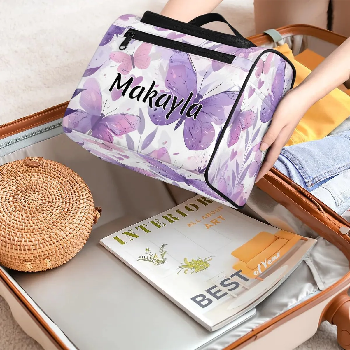 Personalized Hanging Travel Toiletry Bag with Name Portable Hanging Makeup Bag for Girls Women Custom Purple Butterfly Makeup Organizer Case Bag
