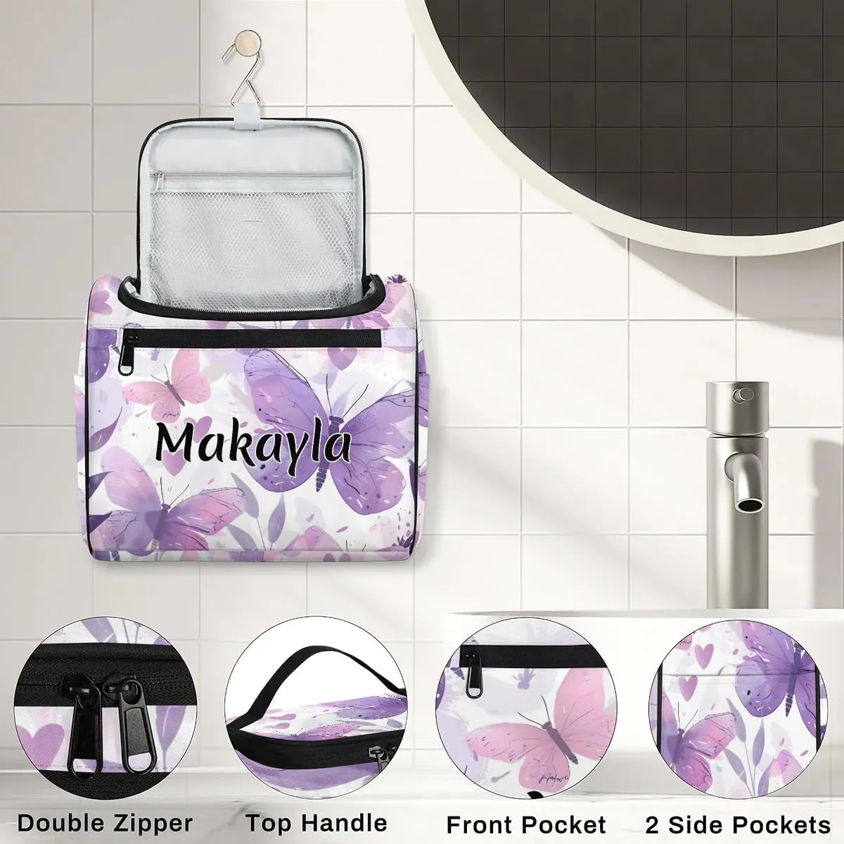 Personalized Hanging Travel Toiletry Bag with Name Portable Hanging Makeup Bag for Girls Women Custom Purple Butterfly Makeup Organizer Case Bag