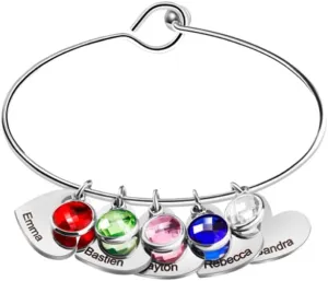 Personalized Mother Bracelet with Birthstone Bangle Bracelets for Women with Kids Names Gold Heart Initial Bracelets Grandma Bracelets from Grandkids Mother's Day Jewelry Gift