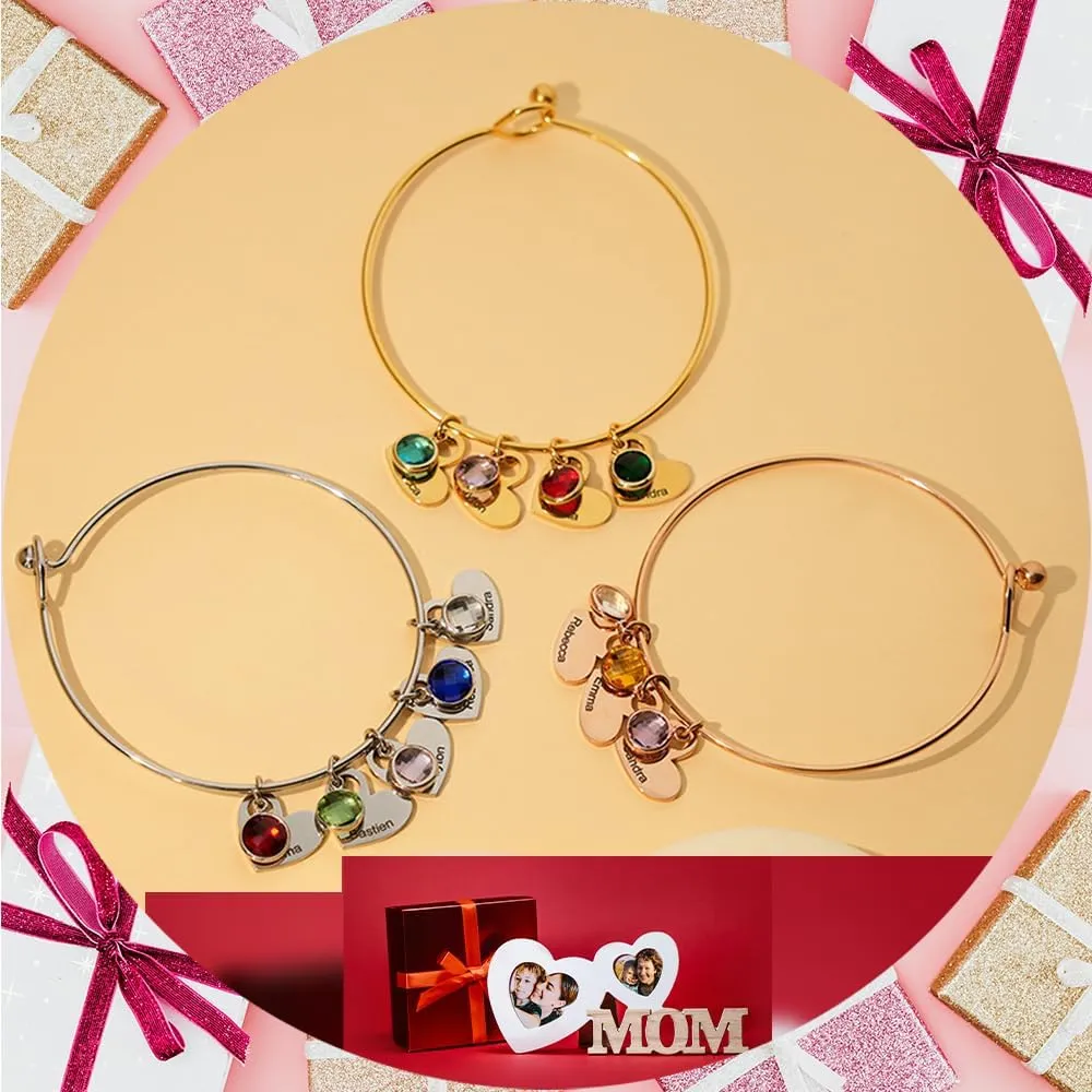 Personalized Mother Bracelet with Birthstone Bangle Bracelets for Women with Kids Names Gold Heart Initial Bracelets Grandma Bracelets from Grandkids Mother's Day Jewelry Gift