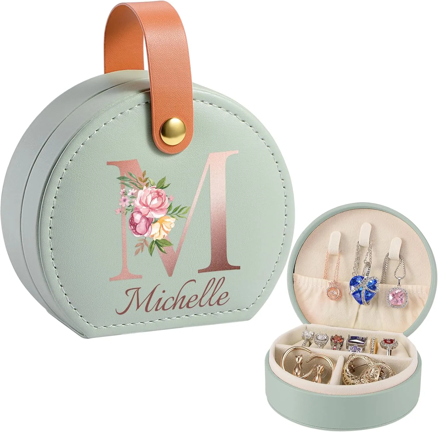 Personalized Travel Jewelry Case, Elegant Jewelry Box with Handle, Small Jewelry Travel Case Organizer Jewellery Boxes for Women Bridesmaid (Green, Initial A-Z)