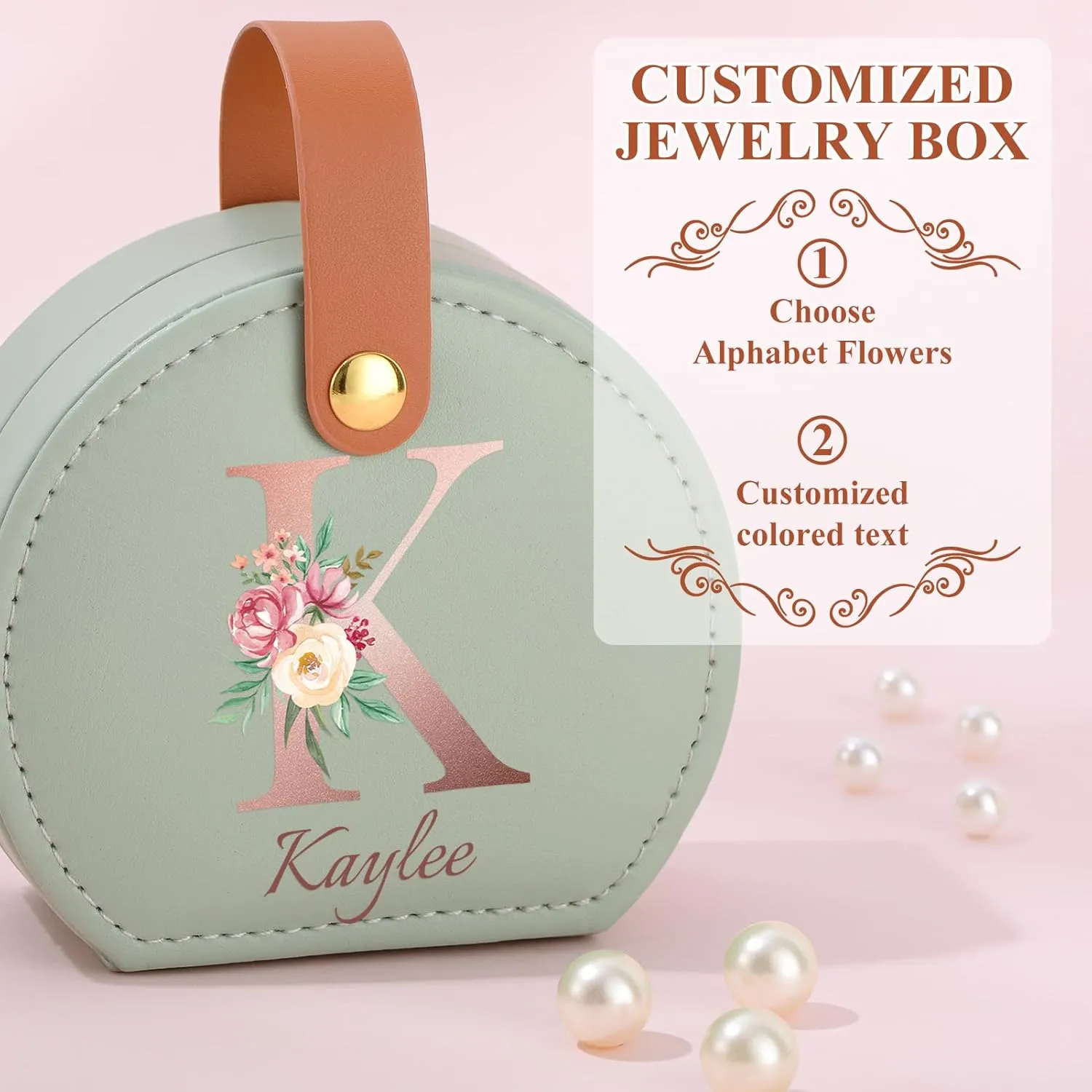 Personalized Travel Jewelry Case, Elegant Jewelry Box with Handle, Small Jewelry Travel Case Organizer Jewellery Boxes for Women Bridesmaid (Green, Initial A-Z)