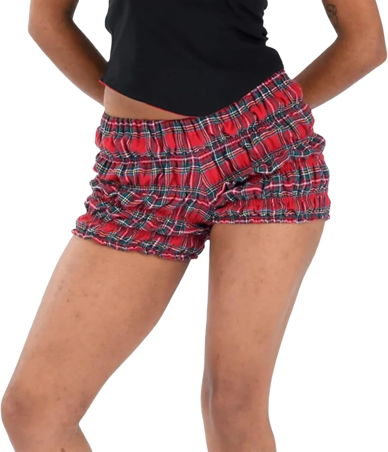 Plaid Boxer Shorts for Women Ruffle Smocked Bloomer Shorts Low Rise Micro Shorts Y2k Gingham Pjs Shorts Streetwear